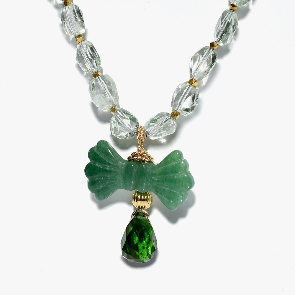 14KGold Filled Green Amethyst & Aventurine Ribbon Knotted OOAK Necklace